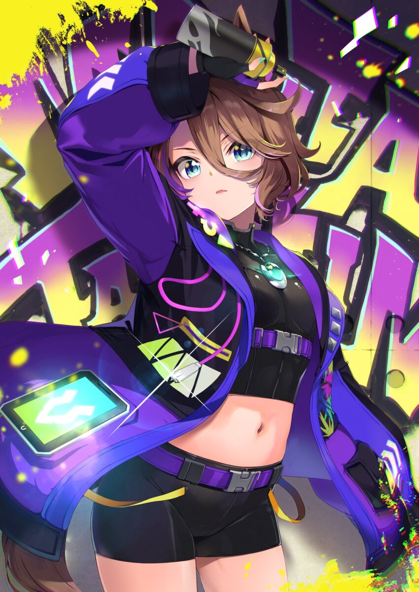 1girl, animal_ears, belt, bike_shorts, black_gloves, black_shorts, blue_eyes, breasts, brown_hair, cellphone, contrapposto, fingerless_gloves, gloves, hair_between_eyes, highres, horse_ears, horse_girl, jacket, looking_at_viewer, midriff, narita_taishin_(stray_light_override)_(umamusume), narita_taishin_(umamusume), navel, nino_(shira), open_clothes, open_jacket, phone, purple_belt, purple_jacket, short_hair, shorts, small_breasts, smartphone, solo, umamusume