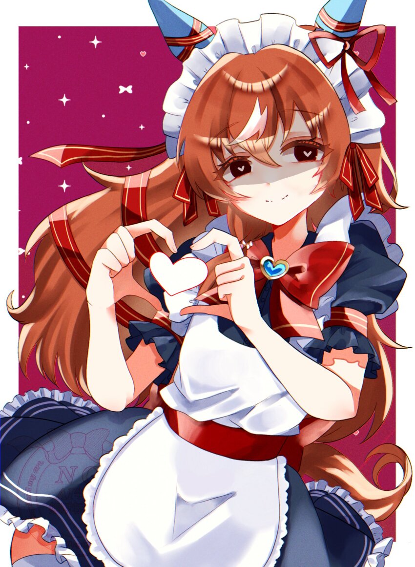 1girl, alternate_costume, apron, belt, breasts, closed_mouth, commentary_request, disney_o626, enmaided, hair_between_eyes, hair_ornament, heart, heart_hands, highres, horse_girl, horse_tail, looking_at_viewer, maid, maid_headdress, red_eyes, ribbon, simple_background, small_breasts, smile, solo, still_in_love_(umamusume), tail, umamusume, yandere