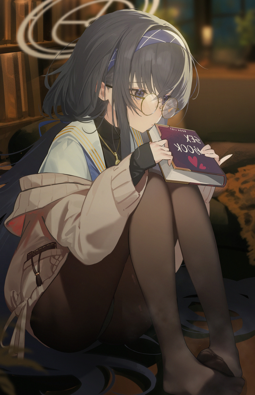 1girl, absurdres, black_hair, black_pantyhose, black_shirt, blue_archive, blurry, blurry_background