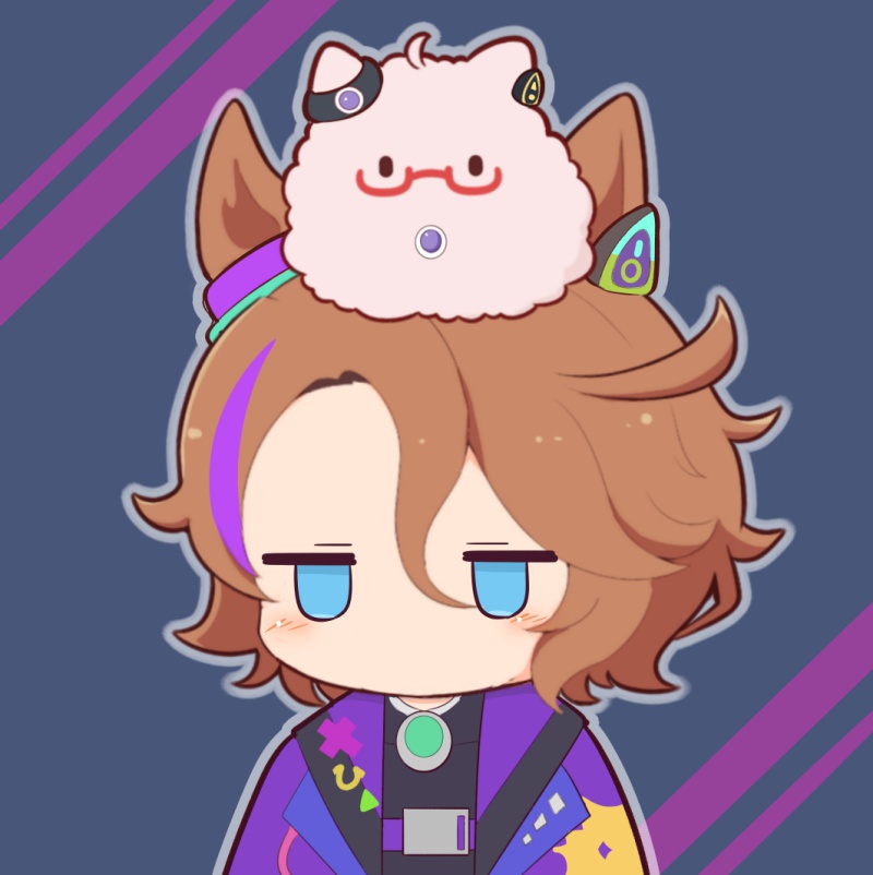 1girl, ahoge, animal_ears, biwa_hayahide_(engineered_victory)_(umamusume), biwa_hayahide_(umamusume), black_shirt, blue_eyes, blush_stickers