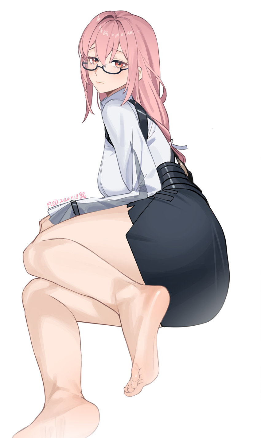 1girl, artist_name, bare_legs, barefoot, black_skirt, breasts, closed_mouth, dated