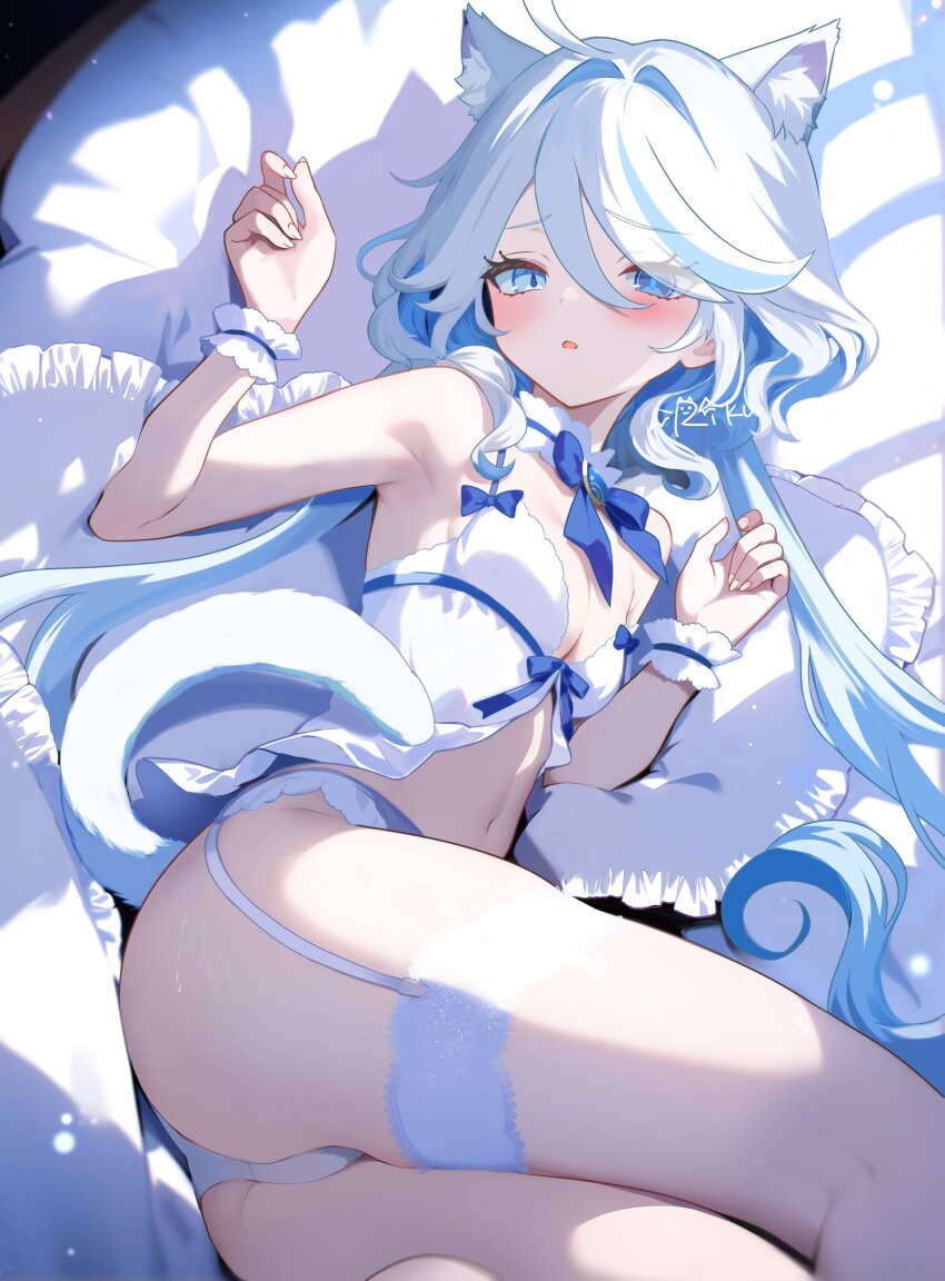 1girl, absurdres, animal_ears, armpits, ass, babydoll, blue_eyes, blue_gem