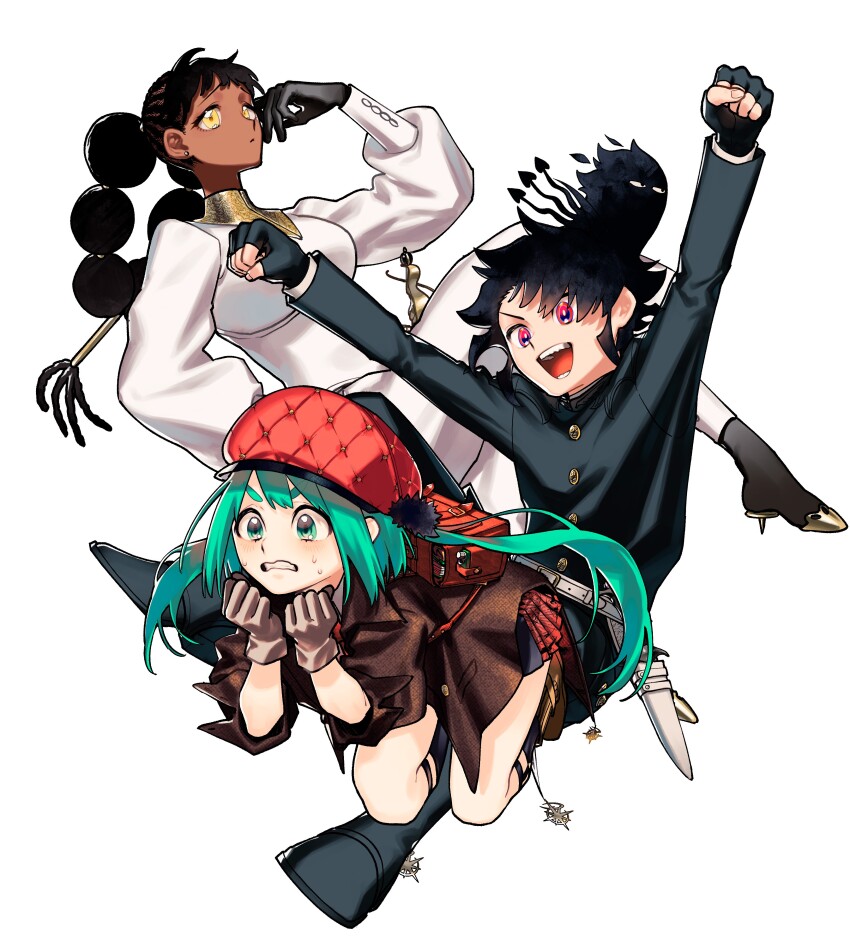 1boy, 2girls, absurdres, black_hair, blunt_bangs, blush, boots, dark-skinned_female