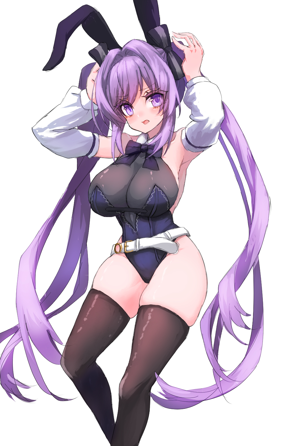 1girl, adapted_costume, animal_ears, arms_up, assault_lily, bare_shoulders, belt, belt_buckle