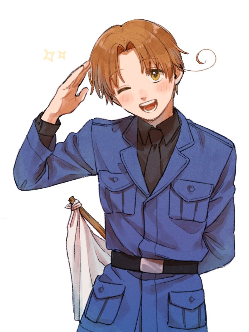 1boy, arm_behind_back, axis_powers_hetalia, belt, black_belt, black_necktie, black_shirt, blue_jacket