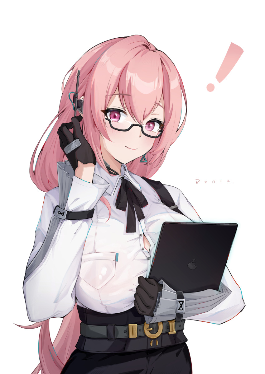 !, 1girl, absurdres, black_gloves, black_skirt, blush, breasts, closed_mouth