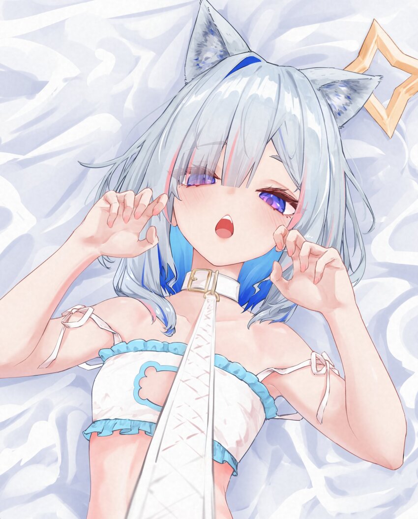 1girl, amane_kanata, animal_ear_fluff, animal_ears, armpits, blue_eyes, blue_hair, breasts