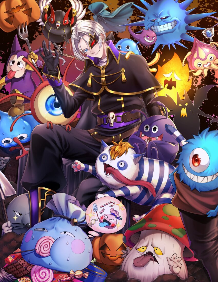 >_<, 1boy, 6+others, :d, black_cape, black_capelet, black_gloves, blue_eyes