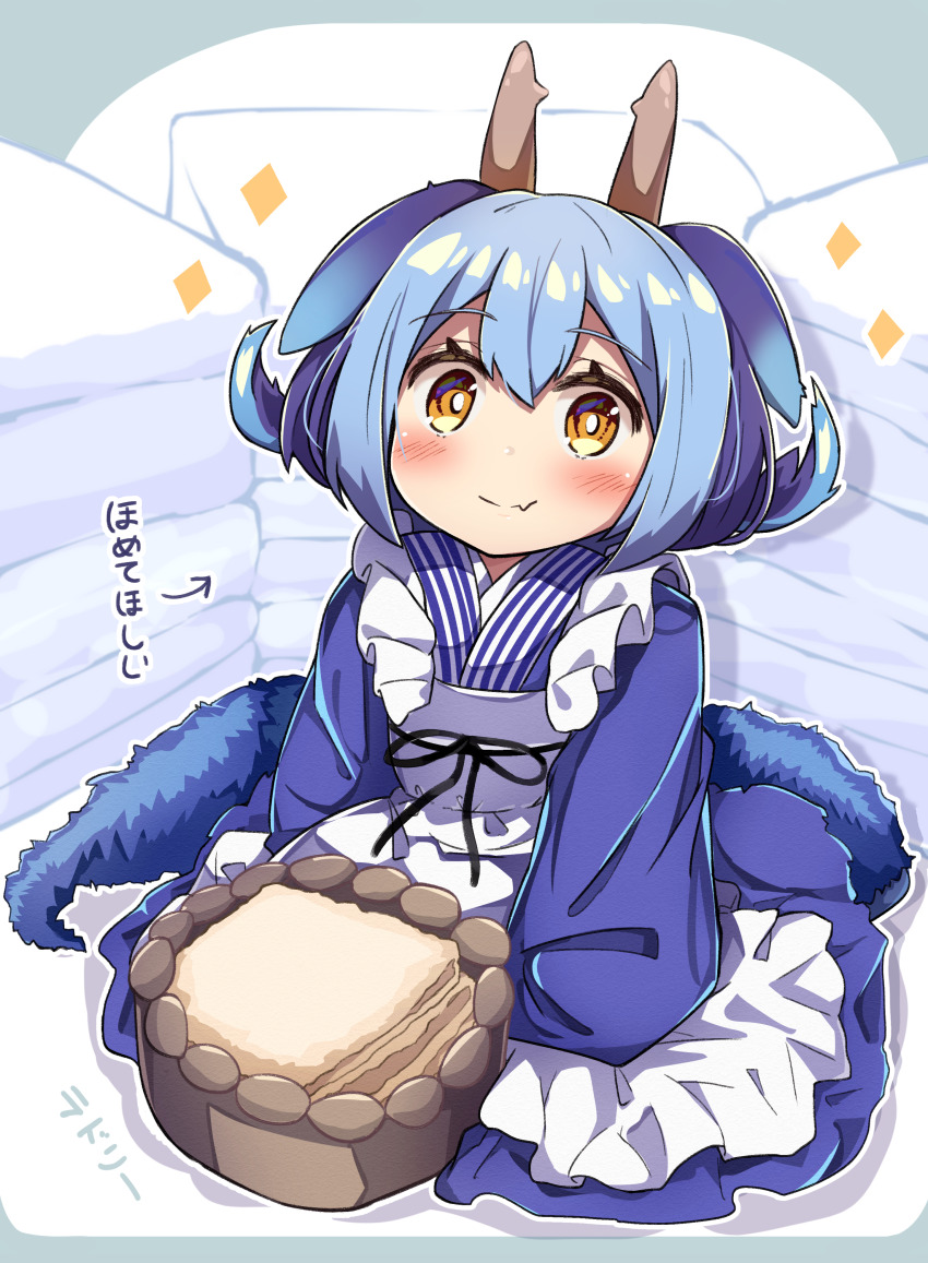1girl, absurdres, apron, archaic_japanese_text, basket, bed_sheet, blue_hair, blush