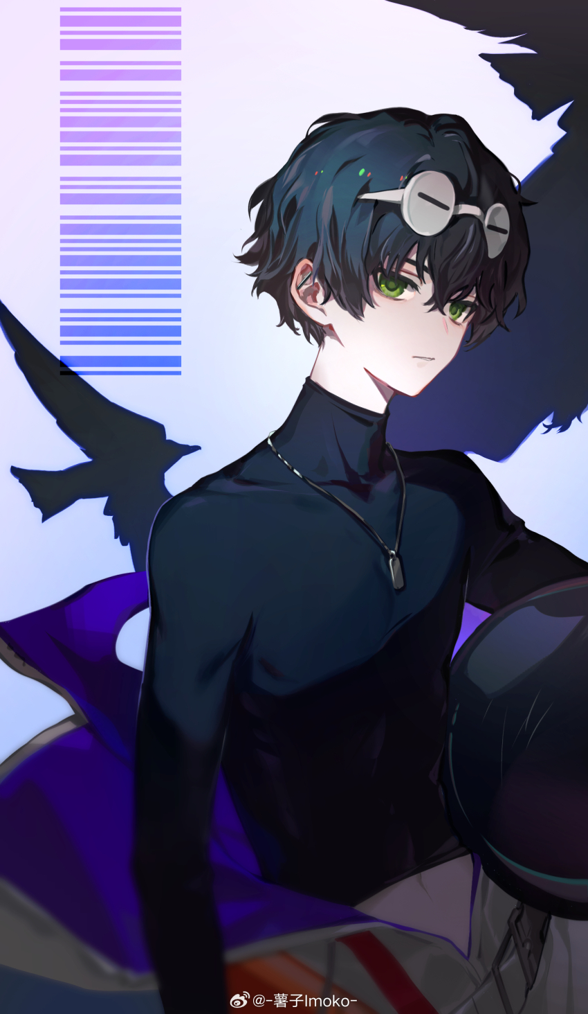 1boy, absurdres, barcode, bird, black_hair, black_shirt, chinese_commentary, closed_mouth