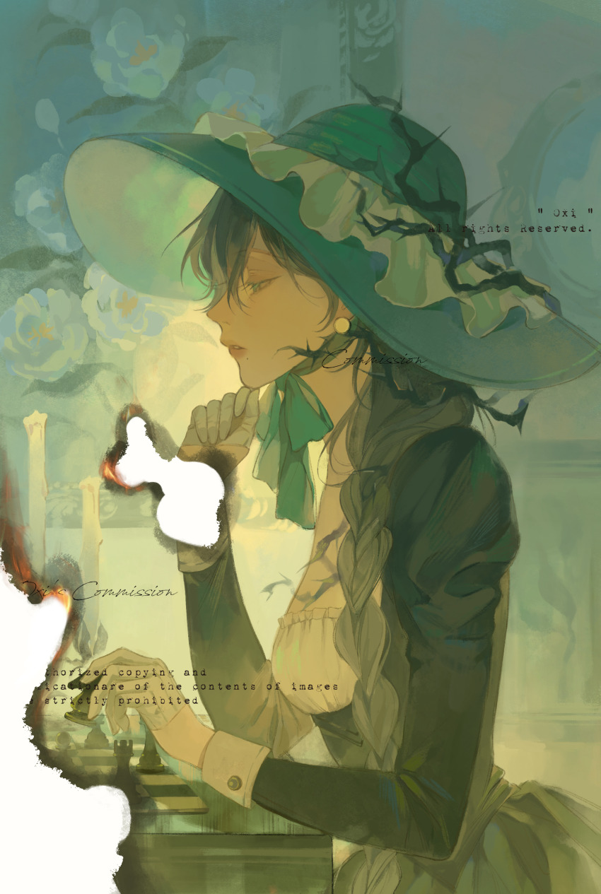 1girl, absurdres, artist_name, board_game, bow, braid, brown_hair, burnt