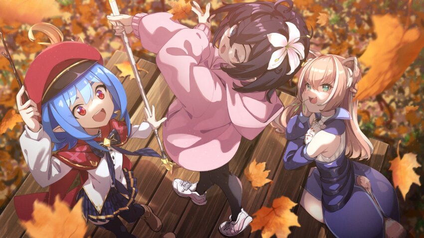 3girls, angel's_sword, animal_ears, autumn_leaves, black_hair, black_thighhighs, blue_hair, blue_sleeves