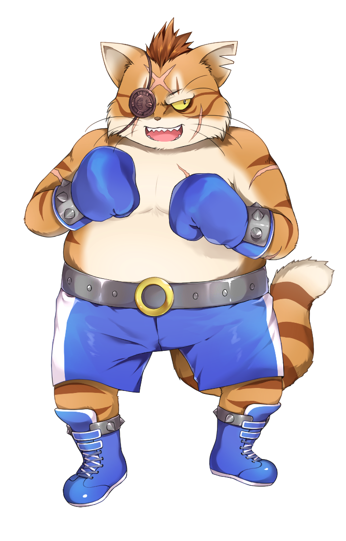 1boy, belt, blue_footwear, blue_gloves, blue_shorts, boxing, boxing_gloves, boxing_shorts, bracelet, cat_boy, cat_riberio, colored_sclera, commentary_request, commission, dragon_quest, dragon_quest_x, eyepatch, fat, fat_man, furry, furry_male, gloves, jewelry, kaoling, looking_to_the_side, o-ring, o-ring_belt, open_mouth, scar, scar_on_arm, scar_on_chest, scar_on_face, sharp_teeth, shorts, slit_pupils, solo, spiked_bracelet, spikes, striped_fur, teeth, white_background, yellow_sclera