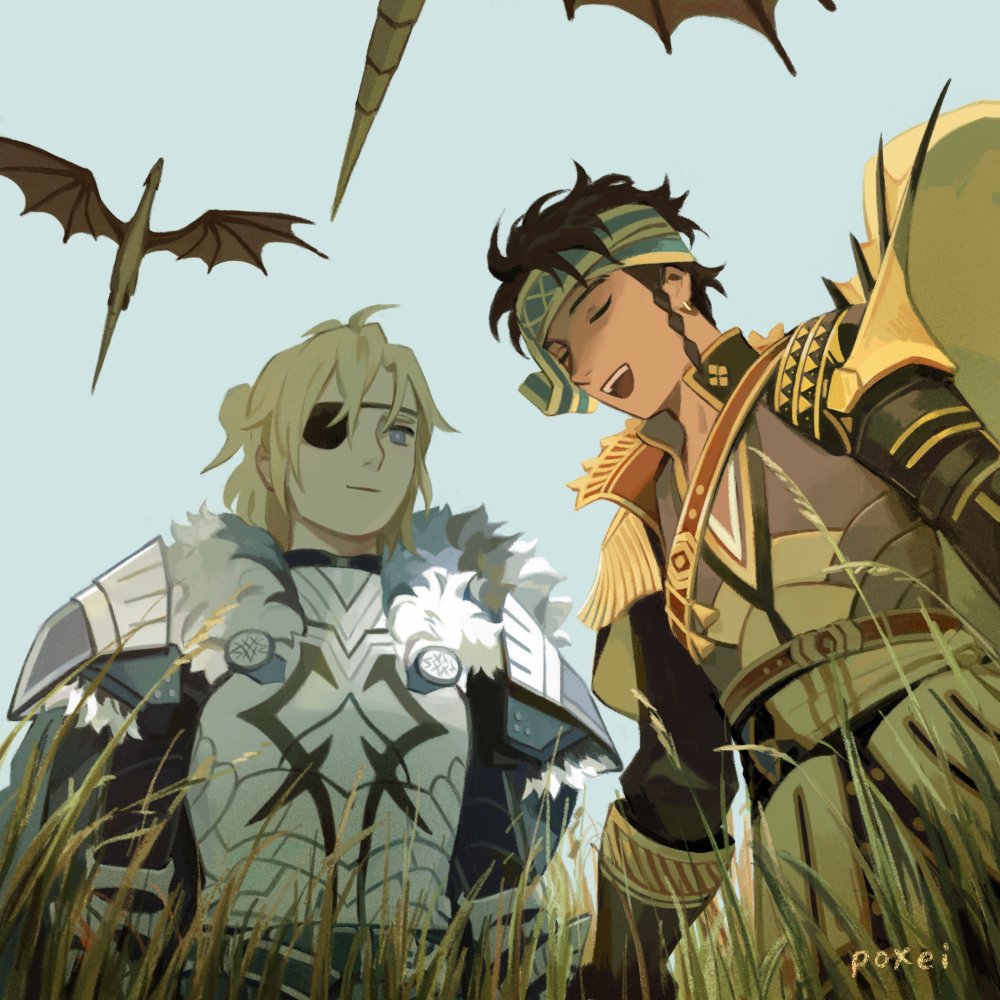2boys, alternate_costume, armor, artist_name, black_fur, blonde_hair, blue_eyes, braid