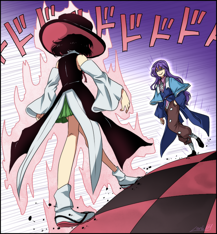 2others, androgynous, ascot, aura, bandaged_leg, bandages, bare_shoulders, black_coat, black_footwear, black_hair, black_hat, blue_capelet, blue_coat, book_of_the_cafe, brown_pants, buttons, capelet, checkered_floor, clause_(len'en), coat, coattails, collared_capelet, collared_shirt, commentary, debris, detached_sleeves, english_commentary, enraku_tsubakura, face-to-face, from_behind, full_body, gradient_background, green_hakama, hakama, hakama_short_skirt, hakama_skirt, hand_on_own_hip, hat, japanese_clothes, jojo_no_kimyou_na_bouken, legs, len'en, lenk64, long_hair, long_sleeves, meme, multiple_others, neck_ribbon, oh?_you're_approaching_me?_(meme), open_mouth, other_focus, outline, pants, parody, pink_shirt, purple_background, purple_eyes, purple_hair, red_footwear, red_hat, red_ribbon, ribbon, sandals, shaded_face, shirt, shoes, short_hair, signature, skirt, sleeveless, sleeveless_coat, sleeveless_shirt, sleeves_past_wrists, smirk, smug, socks, sound_effects, standing, tabi, tailcoat, top_hat, two-sided_fabric, two-sided_headwear, very_long_hair, white_ascot, white_background, white_outline, white_shirt, white_sleeves, white_socks, wide_sleeves, zouri