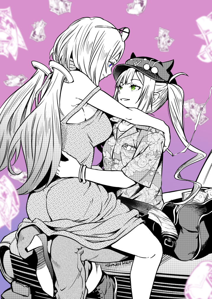 2girls, aki_rosenthal, alternate_costume, artist_name, bag, bangle, banknote, blue_eyes