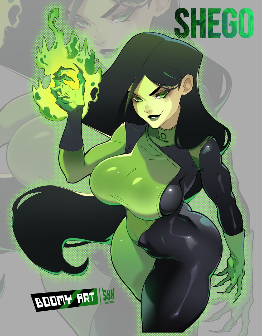 1girl, absurdres, artist_name, asymmetrical_gloves, black_bodysuit, black_gloves, black_hair, bodysuit, boomyart, breasts, colored_skin, fire, gloves, green_bodysuit, green_eyes, green_fire, green_gloves, green_skin, highres, kim_possible_(series), large_breasts, long_hair, looking_at_viewer, mismatched_gloves, multicolored_bodysuit, shego, solo, two-tone_bodysuit, zoom_layer