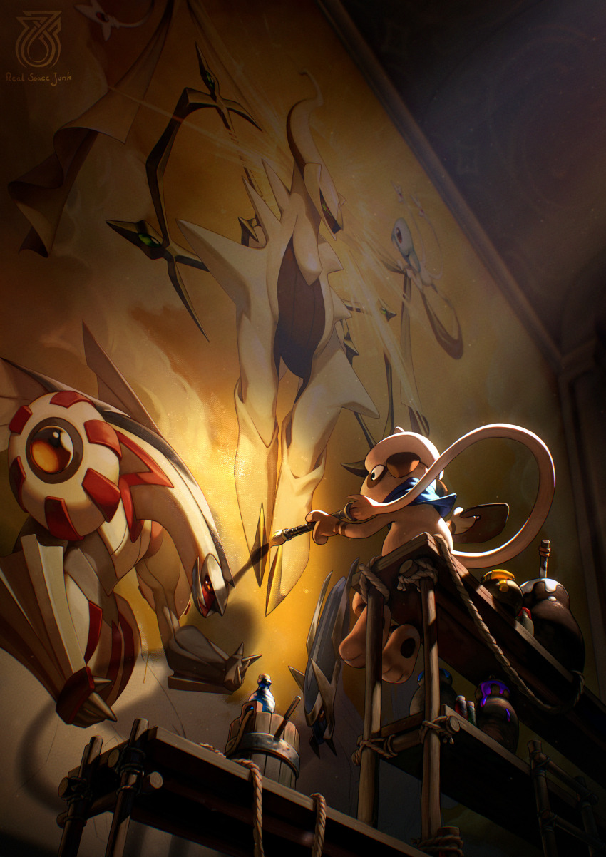 absurdres, arceus, azelf, bench, blue_scarf, bucket, dialga, gen_2_pokemon, gen_4_pokemon, halo, highres, legendary_pokemon, mural, mythical_pokemon, nintendo, no_humans, paint_palette, paintbrush, painting_(action), palkia, pokemon, pokemon_(creature), realspacejunk, rope, scarf, sitting, smeargle, storage_pot, sunlight