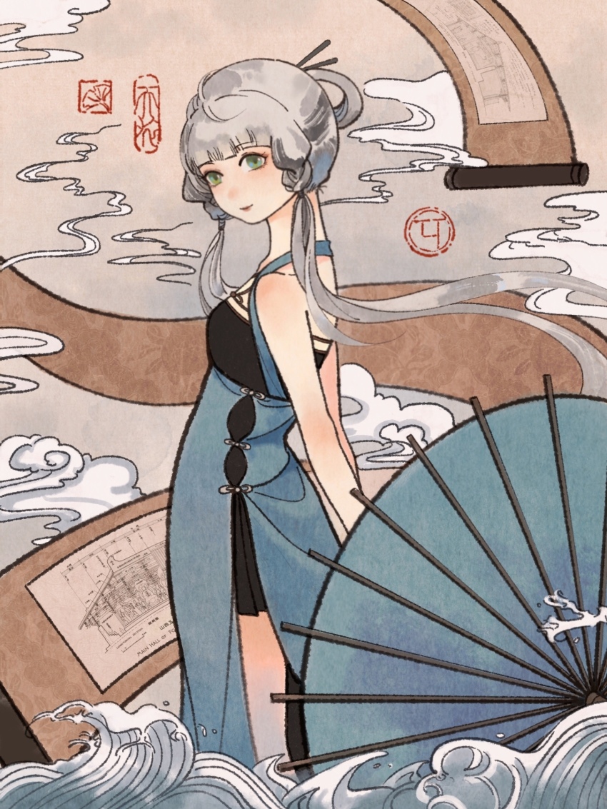 1girl, aqua_dress, braid, braided_sidelock, chinese_clothes, dress, green_eyes, grey_hair