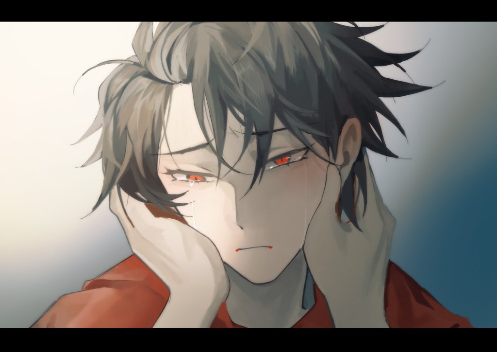 1boy, asymmetrical_eyes, black_hair, blush, chinese_commentary, closed_mouth, crying, crying_with_eyes_open
