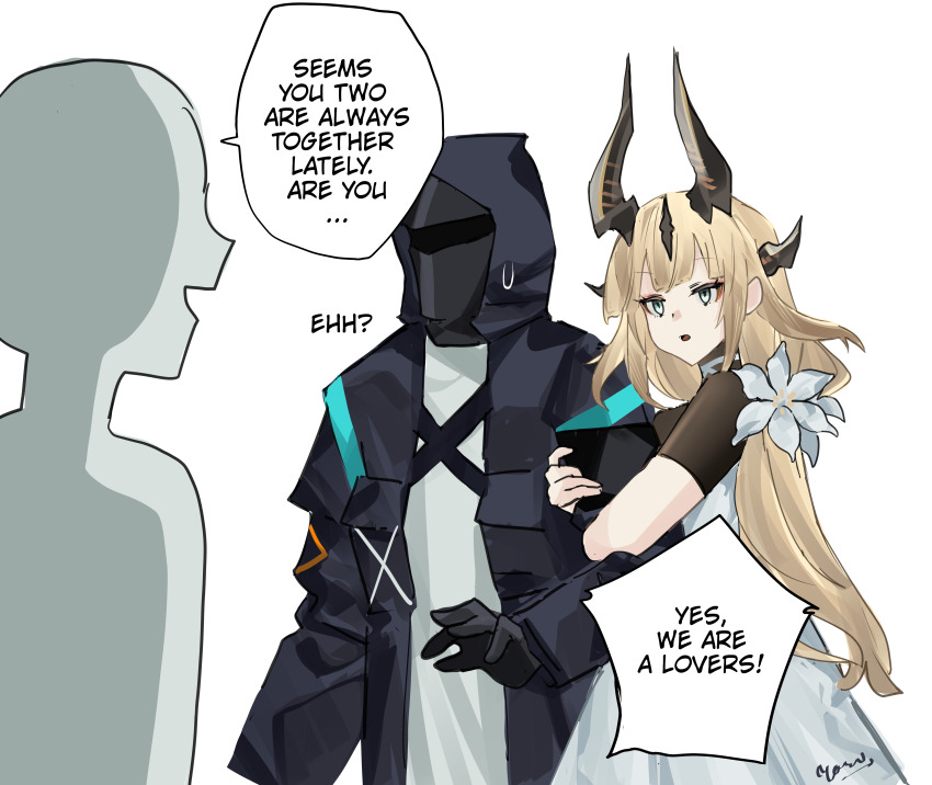 1girl, 2others, absurdres, arknights, arm_hug, black_coat, black_gloves, black_horns