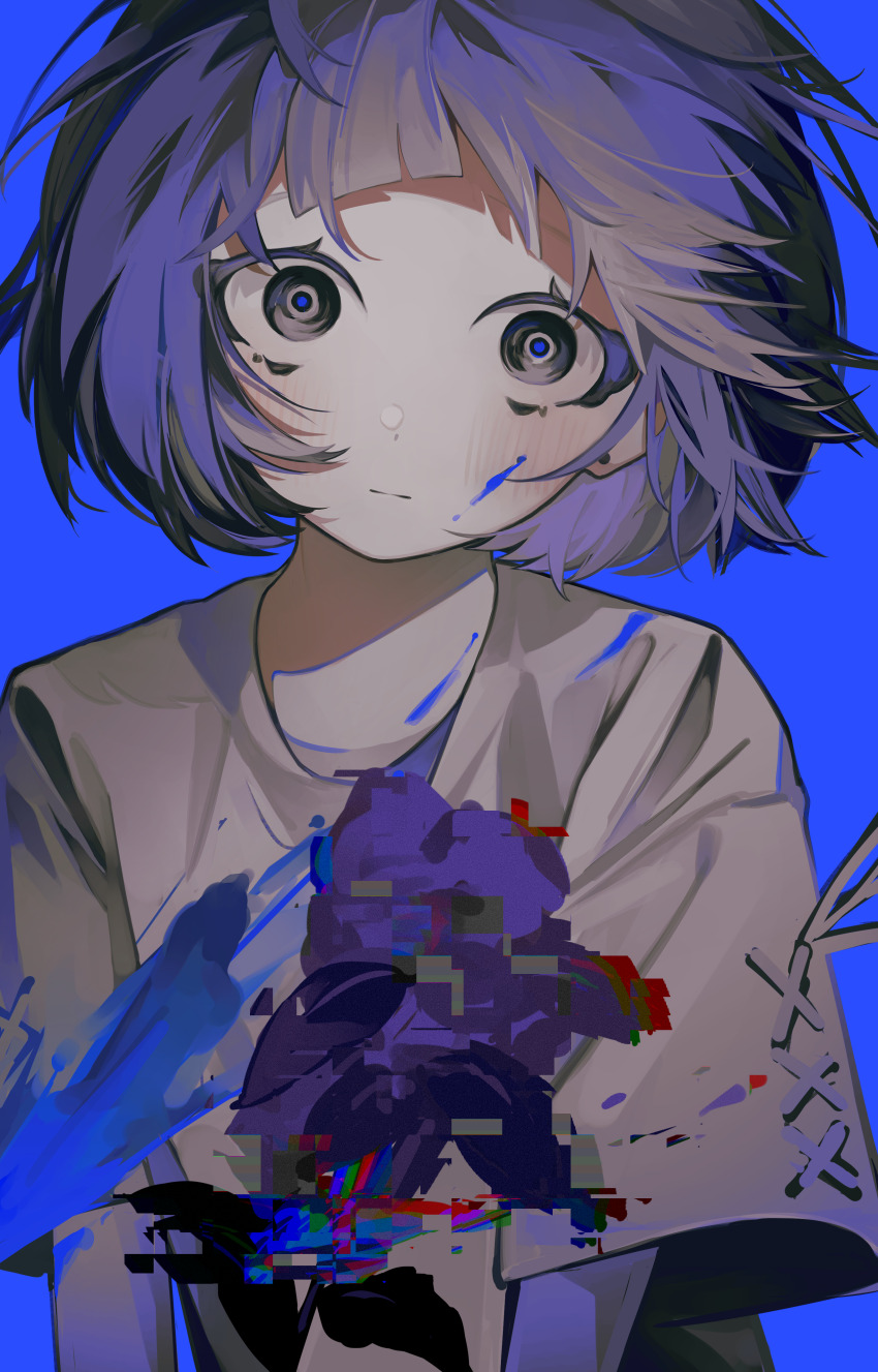 1girl, :|, absurdres, black_eyeliner, blue_background, blue_flower, blue_pupils, blush