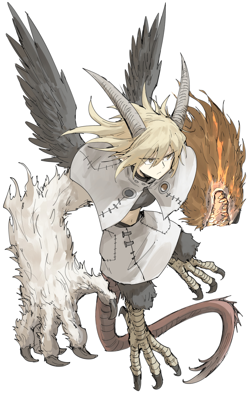1girl, animal_ears, bird_ears, bird_wings, blonde_hair, chimera, claws, closed_mouth