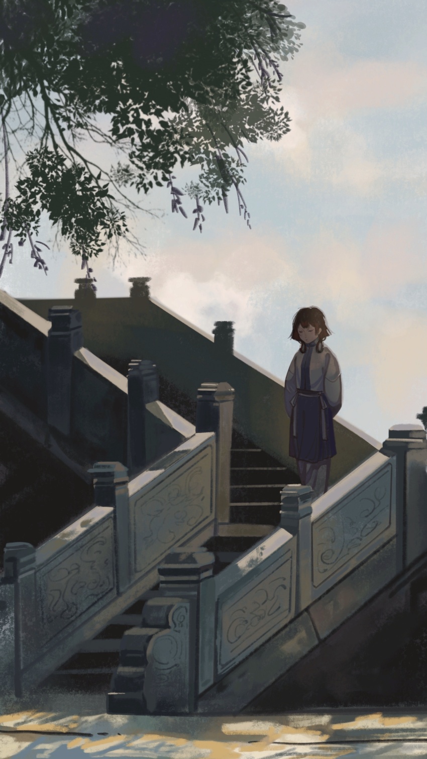 absurdres, architecture, brown_hair, chinese_clothes, cloud, cloudy_sky, dappled_sunlight, east_asian_architecture