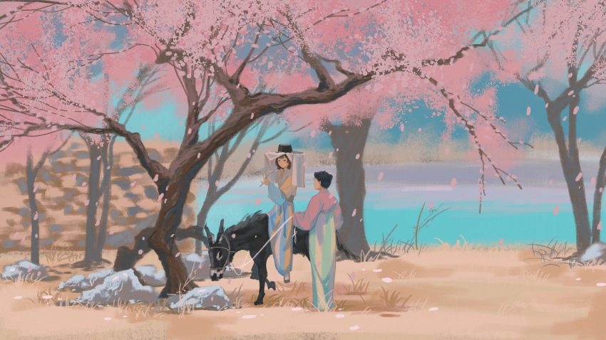 2girls, absurdres, banbi, black_hair, branch, brown_hair, cherry_blossoms, chinese_clothes