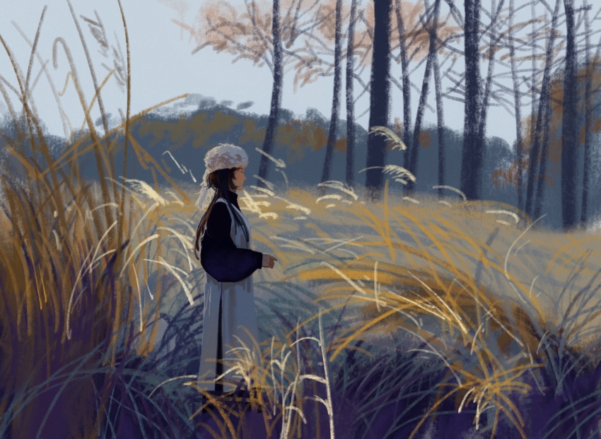 1girl, autumn, bijia, chinese_clothes, closed_eyes, dress, field, fur_hat, hanfu, hat, highres, long_hair, long_sleeves, lu_nulu, original, outdoors, scenery, sky, solo, tree, white_dress, white_hat, wide_sleeves