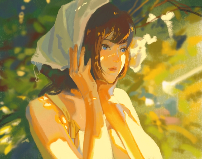 1girl, blue_eyes, brown_hair, dappled_sunlight, golden_hour, highres, loose_thread, lu_nulu