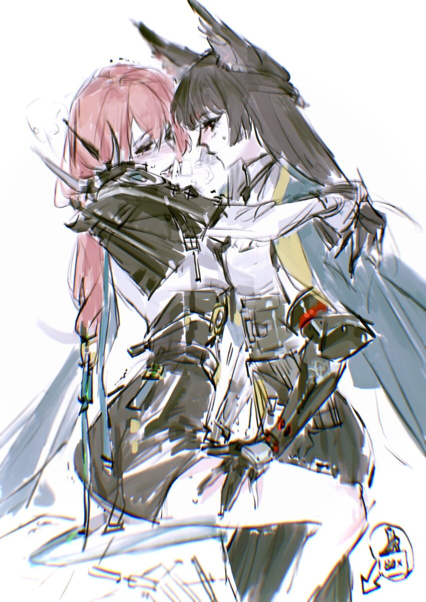 2girls, animal_ear_fluff, animal_ears, armor, black_gloves, black_hair, black_skirt, blunt_bangs