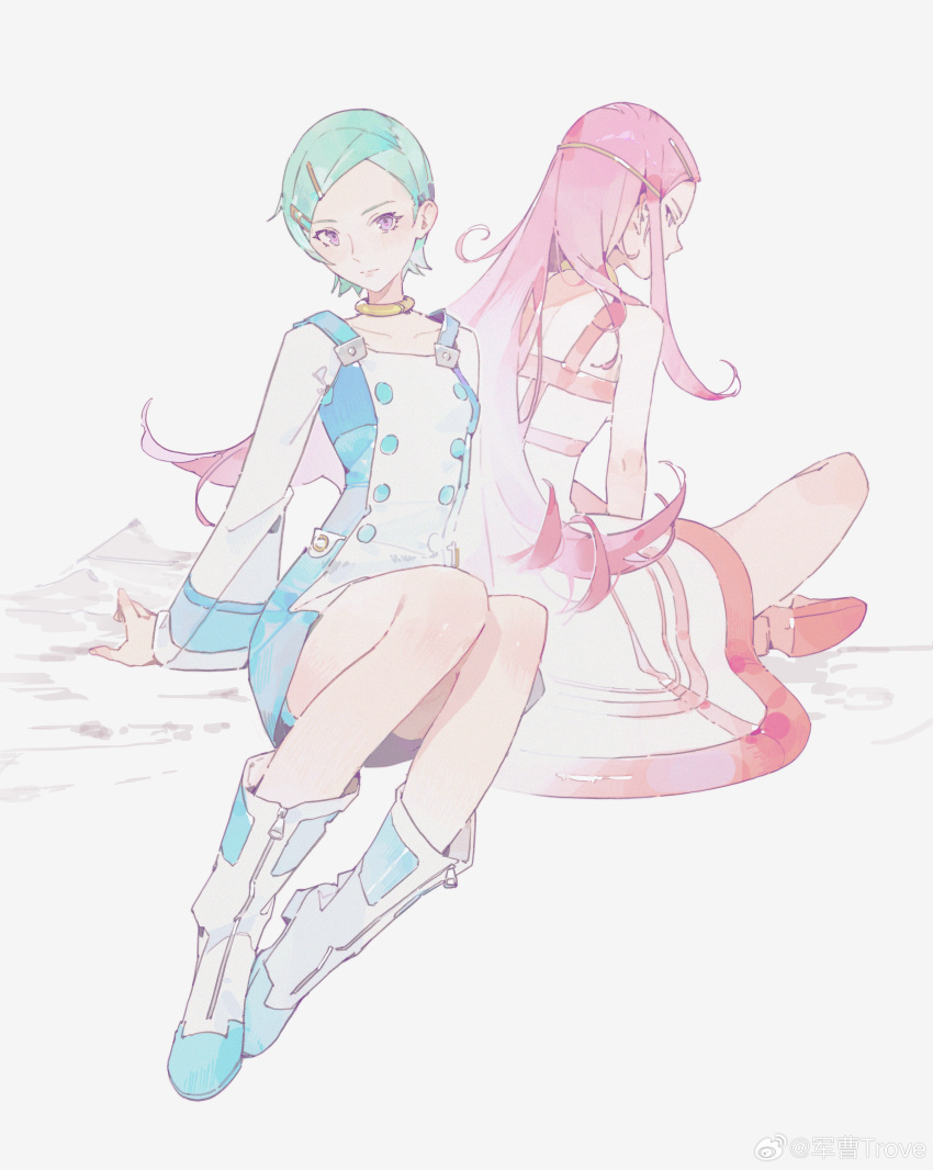 2girls, absurdres, anemone_(eureka_seven), arm_support, blue_dress, boots, chinese_commentary, closed_mouth