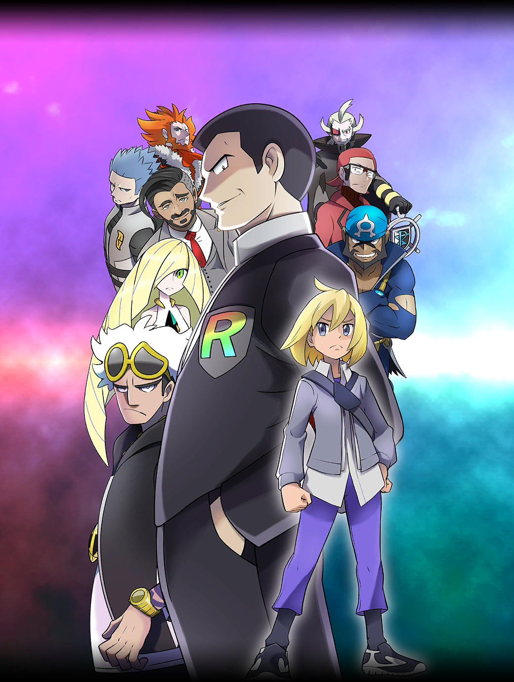 1girl, 6+boys, archie_(pokemon), artist_request, bandana, beard, black-framed_eyewear, black_footwear