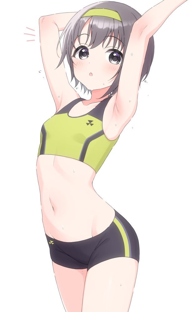 1girl, :o, afrobluescombo, armpits, arms_up, bike_shorts, black_hair, black_shorts
