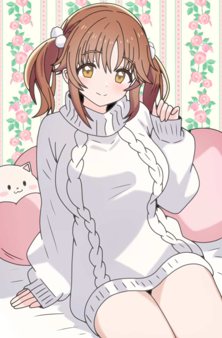 1girl, absurdres, arm_support, blush, breasts, brown_hair, commentary_request, hair_ornament