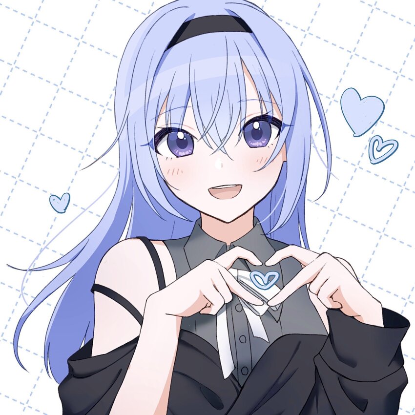 1girl, four-finger_heart_hands, black_hairband, black_jacket, blue_hair, blush, cometik_note_(idolmaster), commentary_request