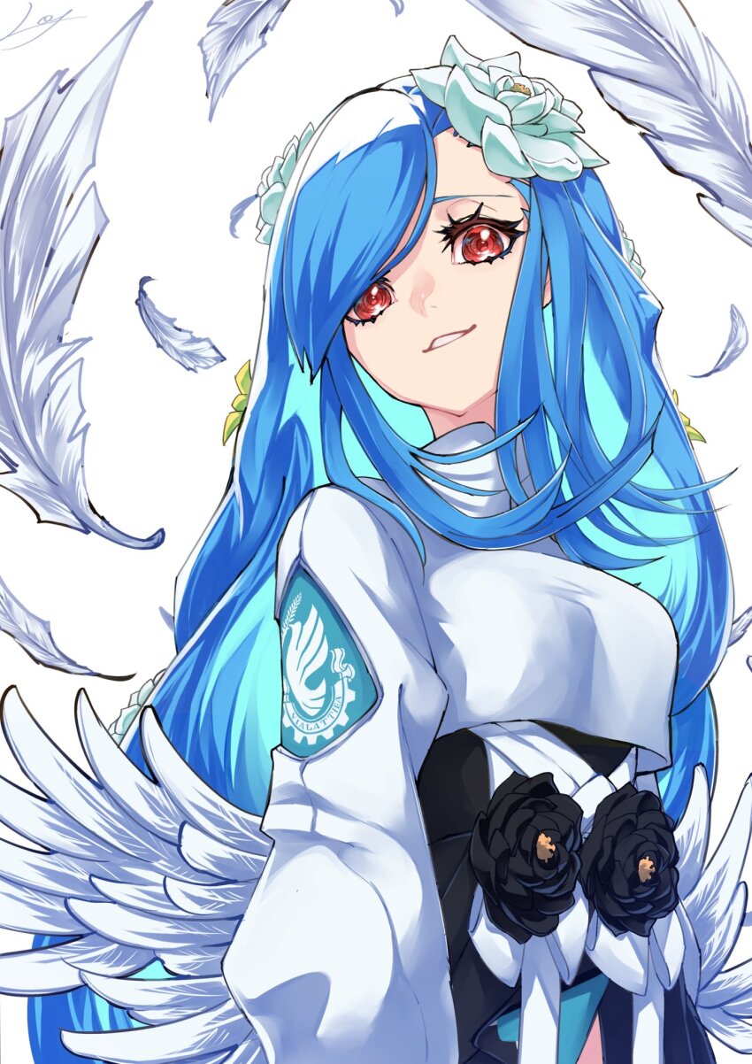 1girl, angel_wings, black_dress, black_flower, breasts, crop_top, dizzy_(guilty_gear), dress