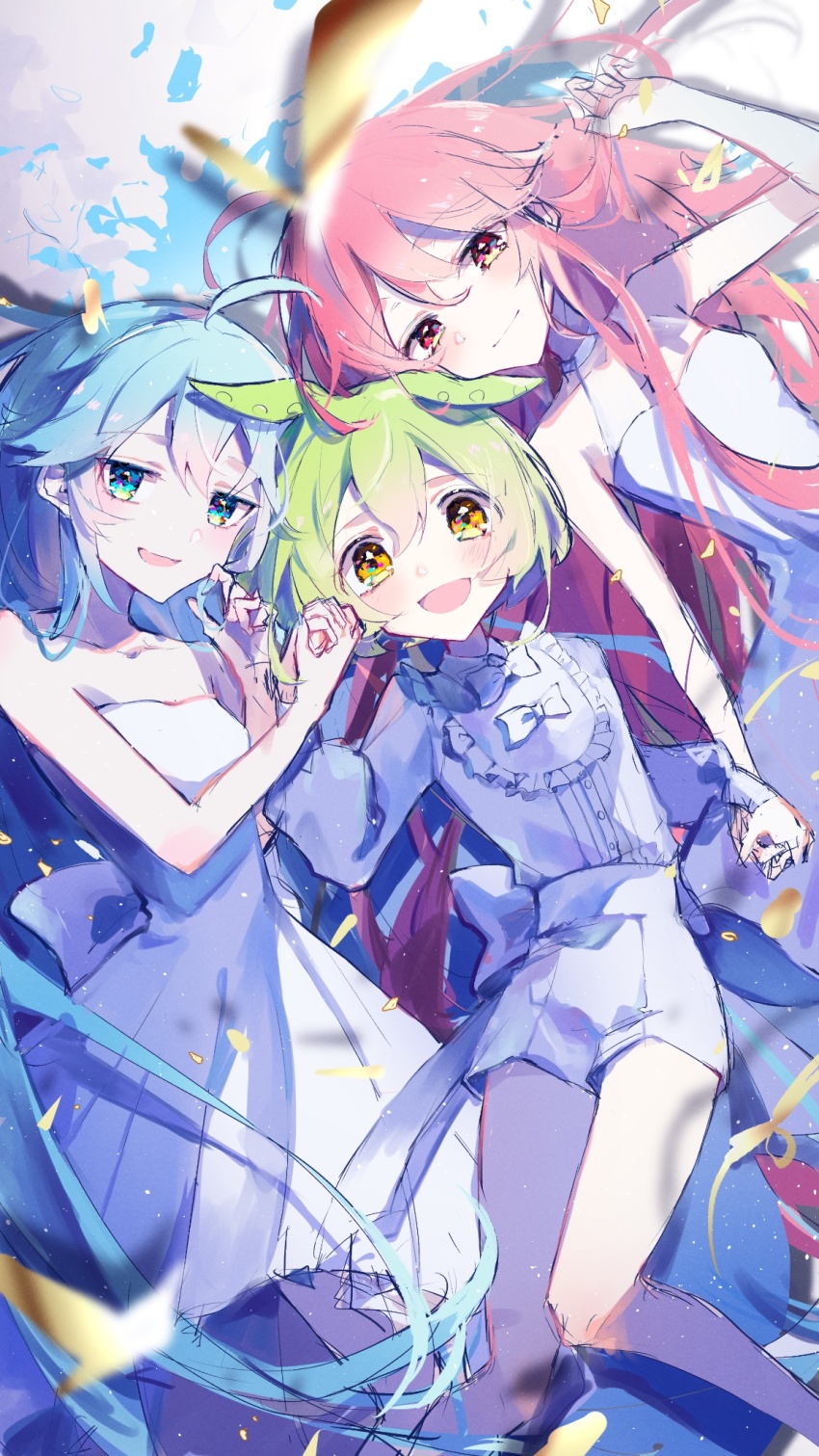 3girls, ahoge, alternate_costume, alternate_hair_length, alternate_hairstyle, animal_ears, antenna_hair, blue_background, blue_hair, blush, bow, bowtie, breasts, brown_eyes, crying, double-parted_bangs, dress, feet_out_of_frame, flat_chest, green_eyes, hair_between_eyes, hatsune_miku, highres, kasane_teto, long_hair, long_sleeves, looking_at_viewer, lying, medium_dress, multiple_girls, no_da_(vocaloid), oda_kogane, open_mouth, red_eyes, red_hair, shirt, short_hair, shorts, three-quarter_sleeves, small_breasts, smile, strapless, strapless_dress, streaming_tears, tears, utau, vocaloid, voiceroid, voicevox, white_background, white_dress, white_shirt, white_shorts, yuri, zundamon