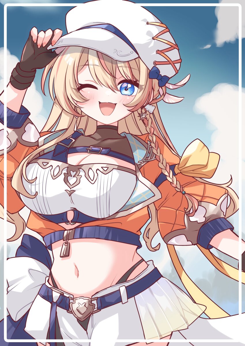 1girl, absurdres, adjusting_clothes, adjusting_headwear, bandeau, belt, belt_buckle, black_gloves