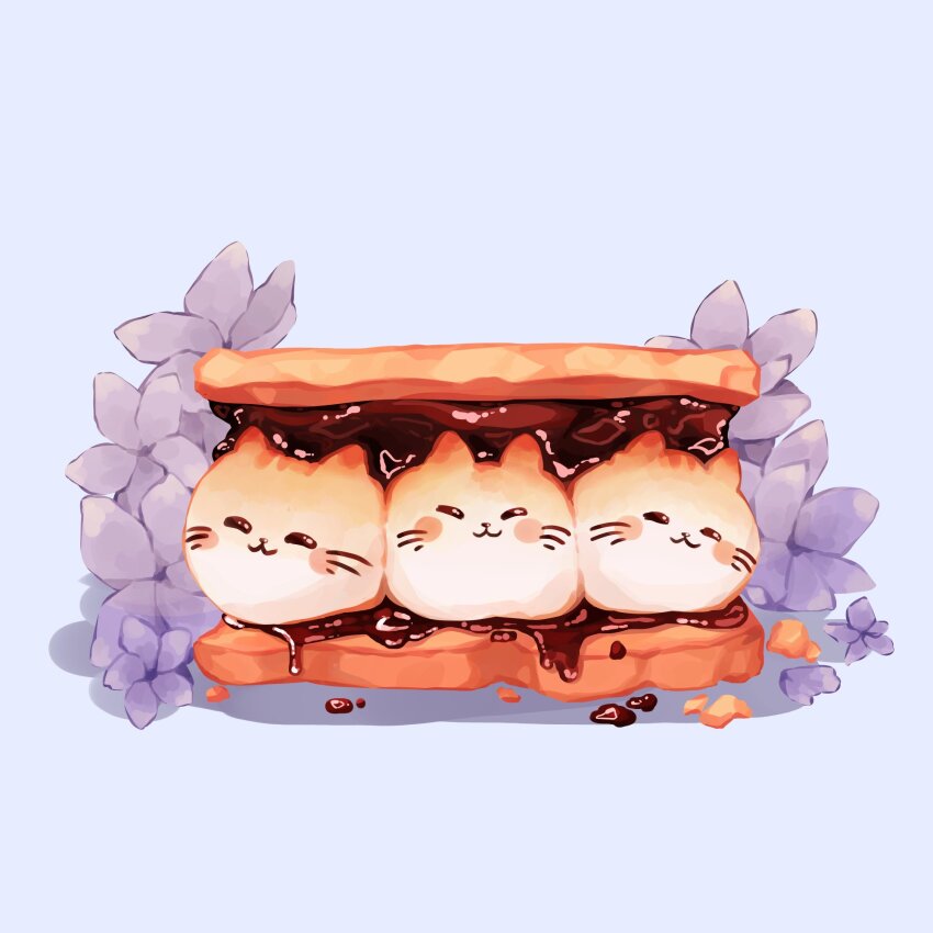 :3, animal-themed_food, blush, cat, chocolate, commentary, commission, english_commentary, facial_mark, flower, food, food_focus, graham_cracker, highres, marshmallow, melted_together, melting, mumechi, no_humans, original, purple_flower, s'more, simple_background, whisker_markings