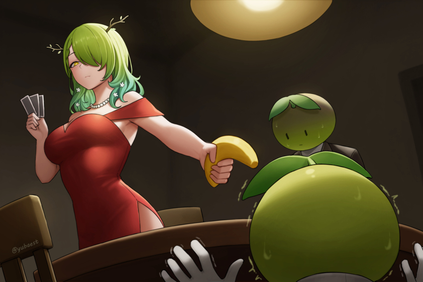 1girl, antlers, banana, breasts, card, ceiling_light, ceres_fauna, chair