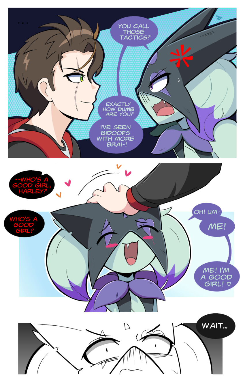 1boy, 1girl, 3koma, :3, ^_^, absurdres, alternate_color, anger_vein, angry, artist_self-insert, black_jacket, body_fur, closed_eyes, closed_mouth, colored_tips, comic, constricted_pupils, cropped_torso, english_text, eye_contact, fang, from_side, furry, furry_female, green_eyes, green_fur, green_hair, grey_shirt, hand_on_another's_head, happy, headpat, heart, highres, hood, hood_down, hooded_sweater, jacket, long_sleeves, looking_at_another, meowscarada, mood_swing, motion_lines, mr._death, multicolored_hair, multiple_views, nintendo, open_mouth, original, outline, pokemon, pokemon_(creature), profile, purple_eyes, purple_hair, raised_eyebrows, red_sweater, scar, scar_across_eye, scar_on_face, shiny_pokemon, shirt, short_hair, sideways_mouth, smile, speech_bubble, spoken_heart, sweat, sweater, talking, two-tone_hair, upper_body, watermark, white_outline