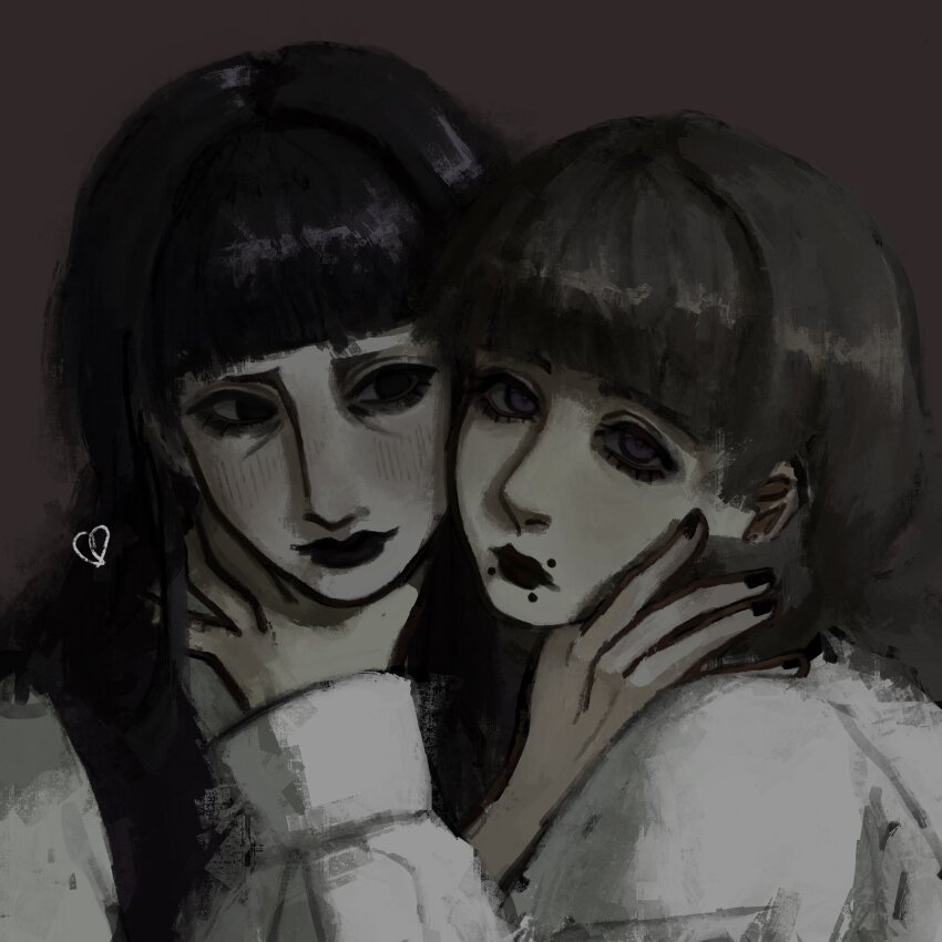 2girls, awwxhf, black_dress, black_hair, black_lips, black_nails, blunt_bangs, blush, brown_background, brown_hair, cheek-to-cheek, commentary_request, dress, face_piercing, fear_&amp;_hunger_(series), fear_&amp;_hunger_2:_termina, hand_on_another's_neck, heads_together, heart, highres, long_sleeves, looking_at_another, looking_at_viewer, marina_(fear_&amp;_hunger), mouth_piercing, multiple_girls, piercing, pinafore_dress, portrait, samarie_(fear_&amp;_hunger), shirt, simple_background, sleeveless, sleeveless_dress, ukrainian_commentary, white_shirt, yuri