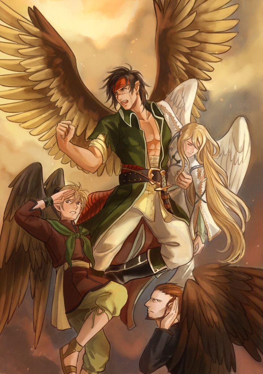 4boys, abs, bare_pectorals, beard, belt, black_hair, blonde_hair, boots