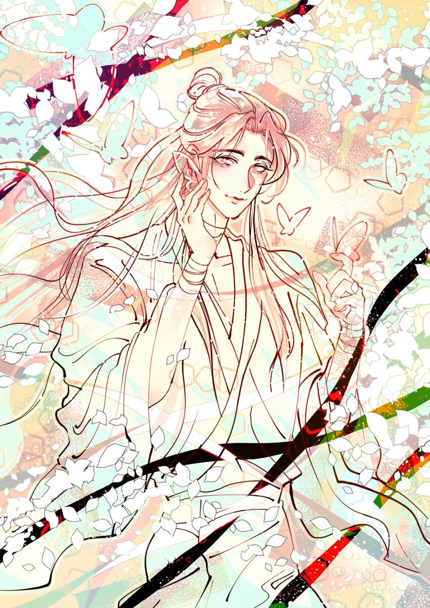 1boy, bandaged_neck, bandaged_wrist, bandages, bug, butterfly, butterfly_on_hand, chinese_clothes