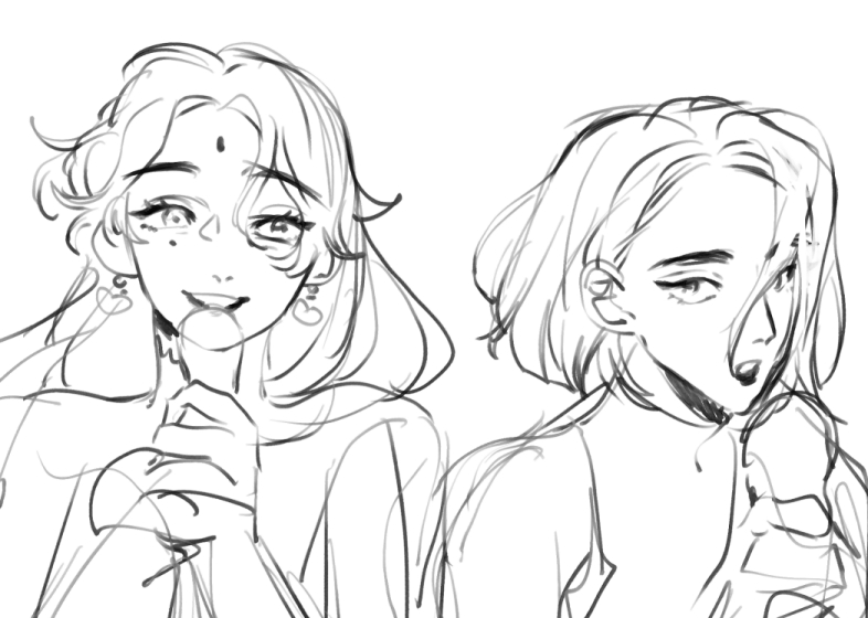 2girls, alternate_costume, alternate_universe, commentary, earrings, english_commentary, eyelashes, facial_mark