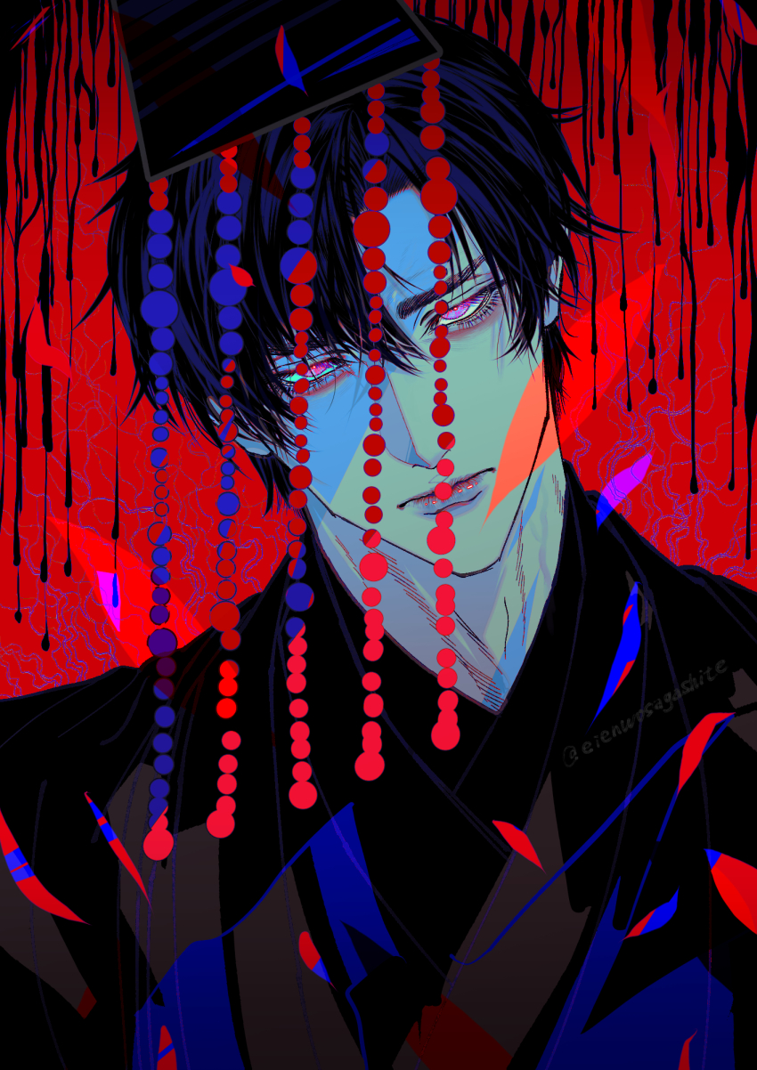 1boy, beads, black_hair, black_hanfu, black_hat, chinese_clothes, closed_mouth, erha_he_ta_de_bai_mao_shizun