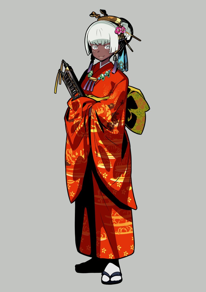 1girl, absurdres, atlus, brigitta_(metaphor:_refantazio), cianter, commentary, commentary_request, company_connection, cosplay, dark-skinned_female, dark_skin, earrings, english_commentary, etrian_odyssey, full_body, grey_background, hair_ornament, hair_stick, highres, himukai_yuuji_(style), japanese_clothes, jewelry, kimono, looking_at_viewer, metaphor:_refantazio, mixed-language_commentary, napier, napier_(cosplay), official_style, red_kimono, sandals, sekaiju_no_meikyuu, sekaiju_no_meikyuu_3, simple_background, solo, standing, tassel, tassel_earrings, very_dark_skin, white_hair, zouri