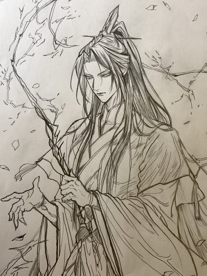 1boy, absurdres, branch, chinese_clothes, chu_wanning, closed_mouth, erha_he_ta_de_bai_mao_shizun, furrowed_brow